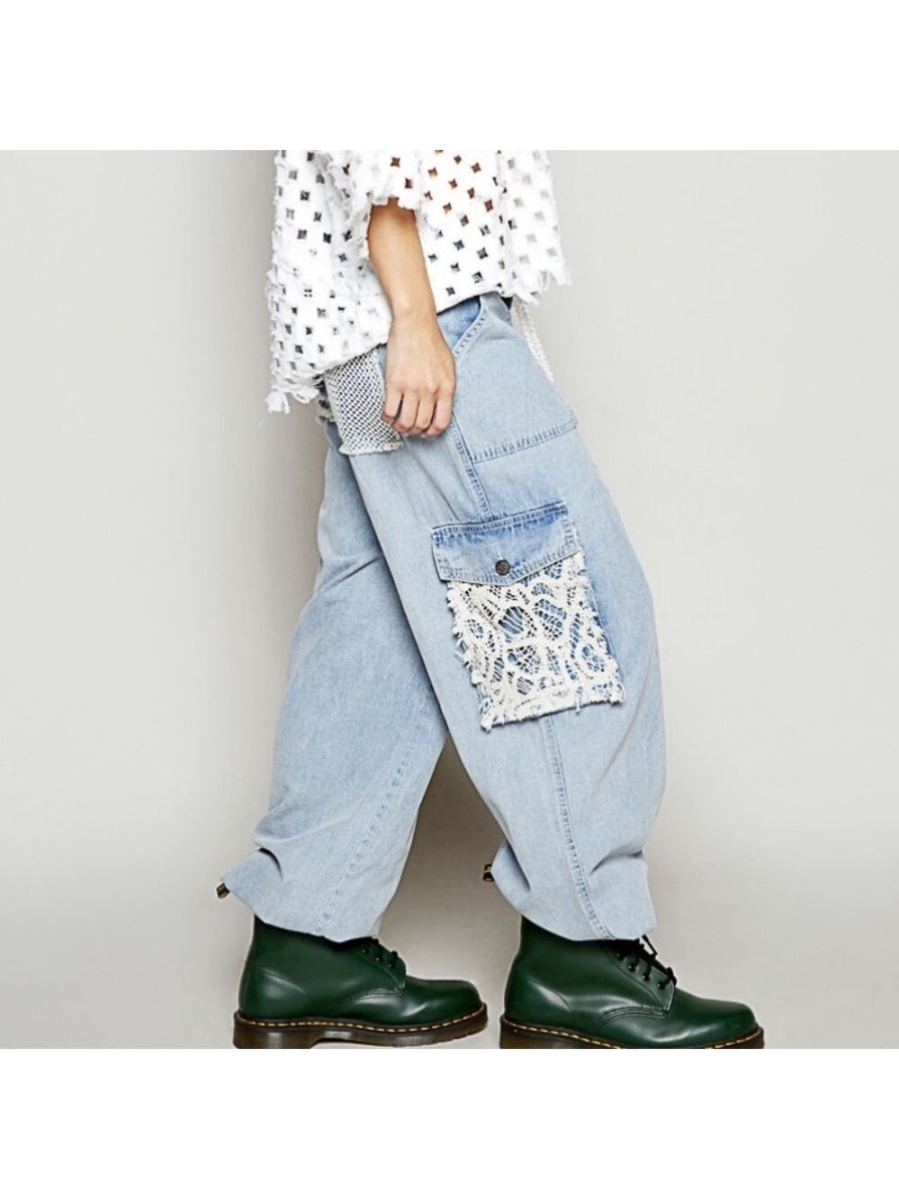 POL Light Blue Denim Wide-Leg Pants with Cream Crochet Pocket - Picture 4 of 5